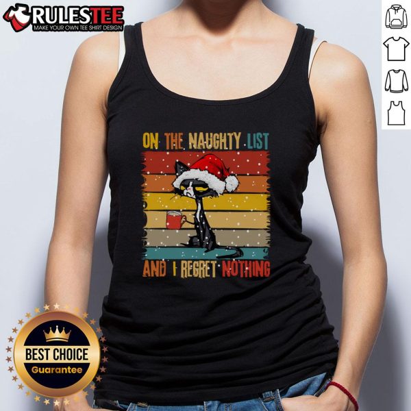 Alt Text: Cute cat wearing a Christmas tank top with Naughty and I Regret Nothing text, perfect for holiday outfits.