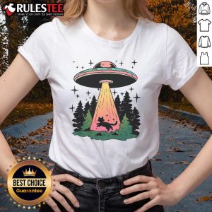 Cute cat graphic on a UFO-themed ladies tee, perfect for sci-fi and cat lovers. Cute Cat to the Mothership UFO Tee.