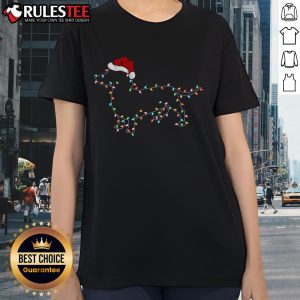 Cute Dachshund dog wearing a Santa hat surrounded by Christmas lights on a festive ladies tee. Perfect for holiday celebrations!