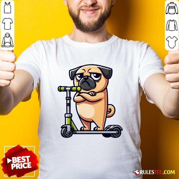 Cute Dog Pug On Scooter Comic Cartoon T-Shirt