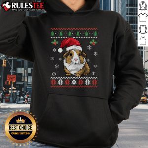 Adorable guinea pig wearing a festive ugly Christmas hoodie, perfect for holiday cheer and seasonal pet fashion.