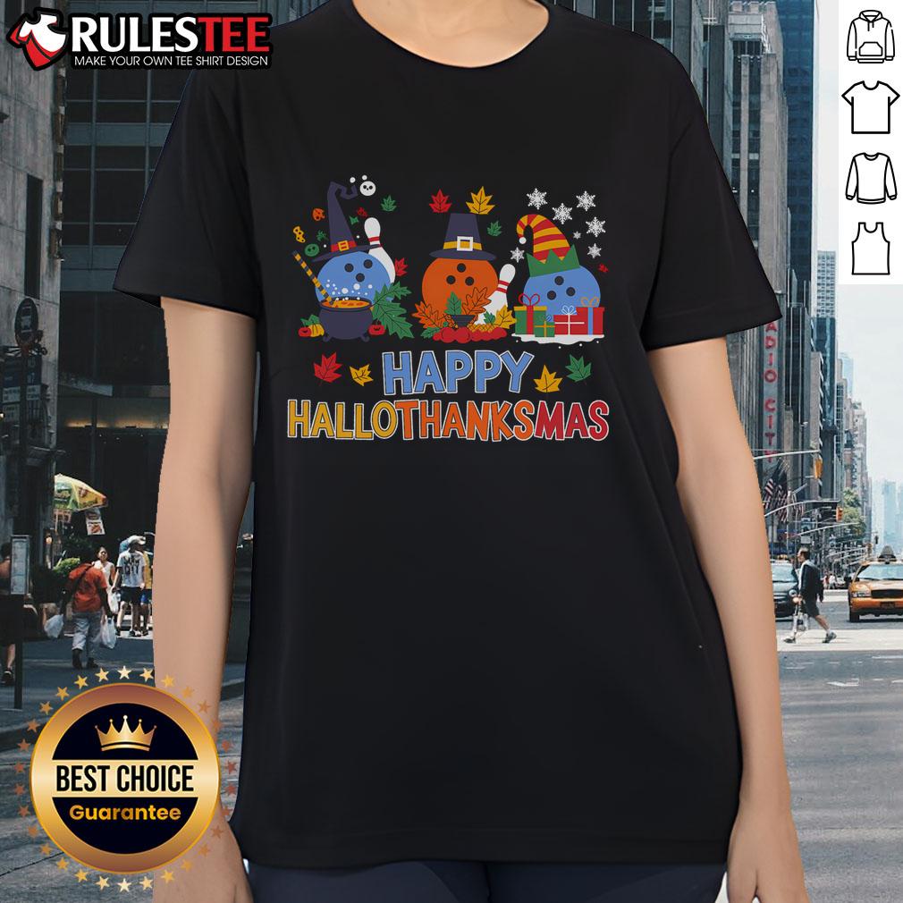 Cute Hallothanksmas bowling ladies tee featuring Halloween, Thanksgiving, and Christmas designs for festive fun.