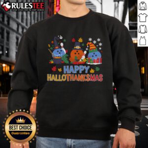 Cozy Cute Hallothanksmas sweatshirt featuring Halloween, Thanksgiving, and Christmas themes, perfect for festive celebrations.