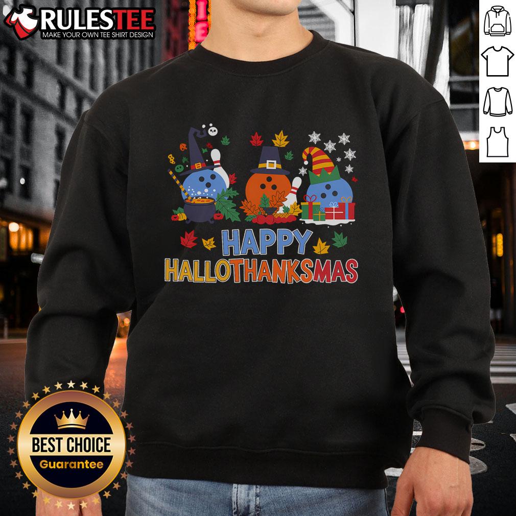 Cozy Cute Hallothanksmas sweatshirt featuring Halloween, Thanksgiving, and Christmas themes, perfect for festive celebrations.