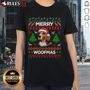 Cute Merry Woofmas Ugly Christmas Beagle Lover Ladies Tee featuring a festive beagle design for dog lovers.