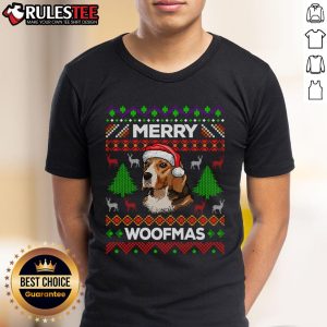 Alt Text: Cute Merry Woofmas Ugly Christmas Beagle Lover T-Shirt featuring a playful beagle graphic and festive colors.