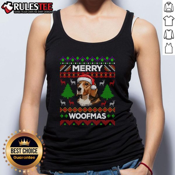 Beagle lover tank top featuring a cute Merry Woofmas design with an ugly Christmas sweater theme for festive dog lovers.