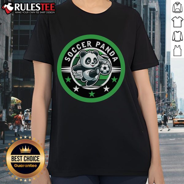 Cute soccer panda ladies tee featuring an adorable panda graphic, perfect for soccer fans and casual wear.