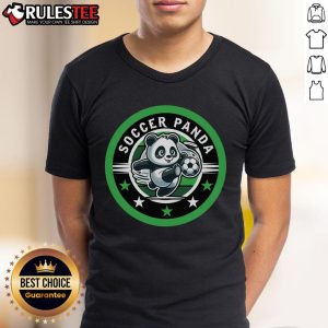 Adorable Cute Soccer Panda T-Shirt featuring a cartoon panda playing soccer, perfect for kids and panda lovers.