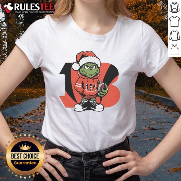 Good Grinch Hug Ball Cincinnati Bengals Christmas Ladies Tee featuring festive design and team spirit for female fans.