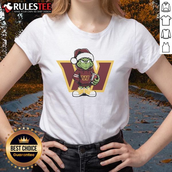 Womens 'Good Grinch Hug' Christmas tee featuring Washington Commanders design, perfect for holiday cheer and team spirit.