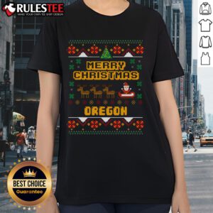 Good Merry Christmas Oregon Ladies Tee featuring festive design, perfect for holiday celebrations in Oregon.