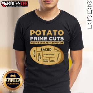 Good Potato Prime Cuts Vegan Vegetarian T-Shirt featuring a playful design for plant-based food lovers.