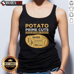 Vegan vegetarian tank top featuring 'Good Potato Prime Cuts' graphic design, perfect for eco-conscious fashion lovers.