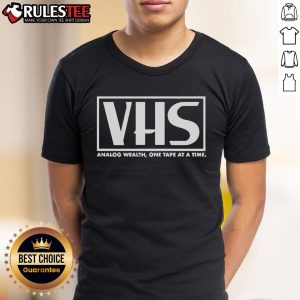 Official Analog Wealth VHS t-shirt featuring 'One Tape At A Time' design, perfect for vintage film and music enthusiasts.