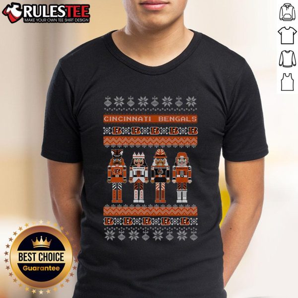 Official Cincinnati Bengals Holiday Nutcracker T-Shirt featuring festive design and team logo, perfect for fans.