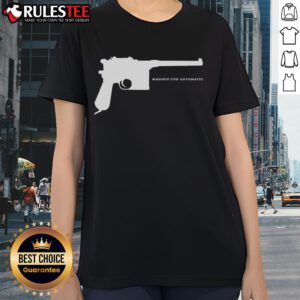 Alt Text: Awesome Mauser C96 automatic WW1 German pistol graphic on a stylish ladies tee shirt for gun enthusiasts.