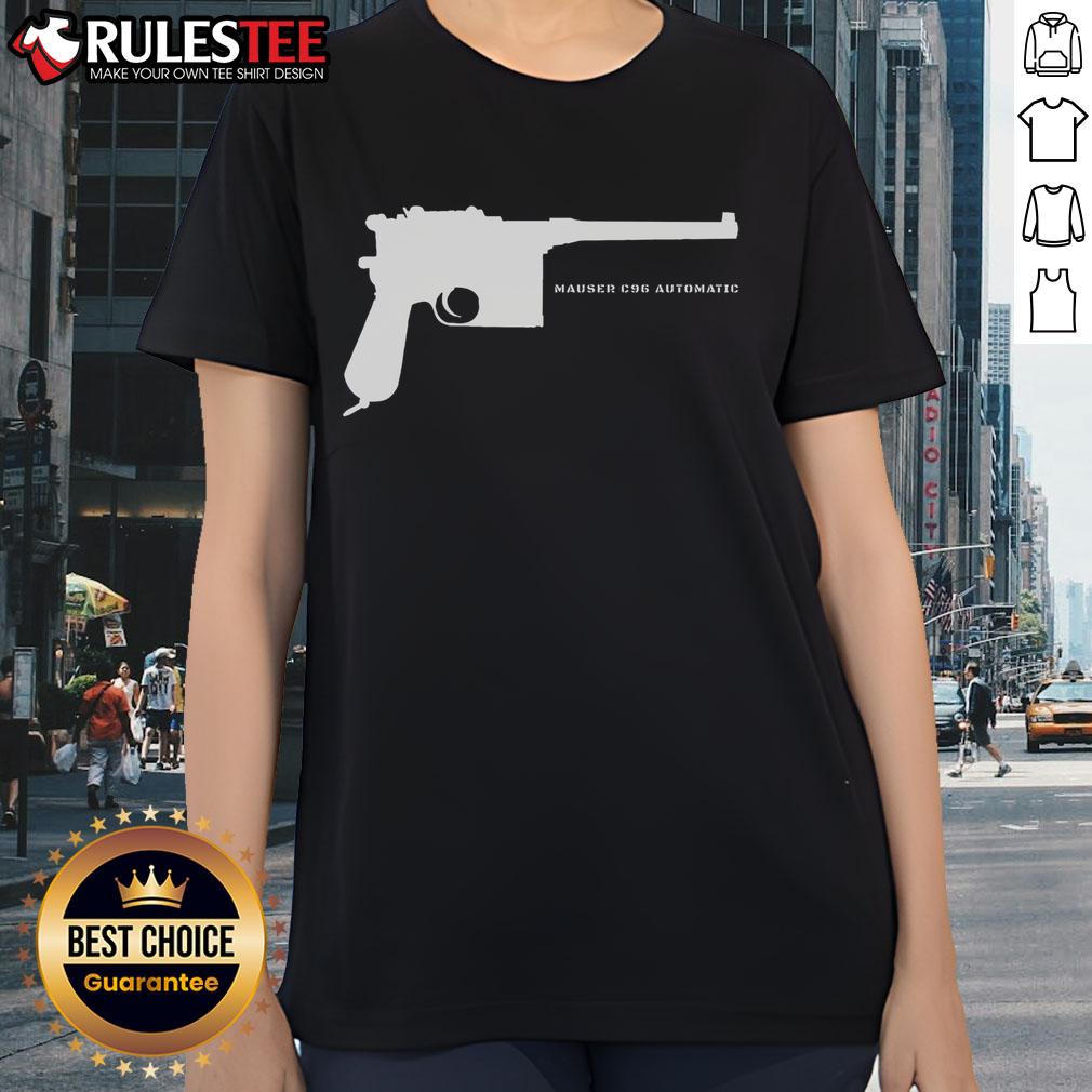 Alt Text: Awesome Mauser C96 automatic WW1 German pistol graphic on a stylish ladies tee shirt for gun enthusiasts.
