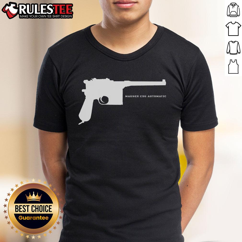 Alt Text: Awesome Mauser C96 Automatic WW1 German pistol gun T-shirt featuring a vintage design for firearm enthusiasts.