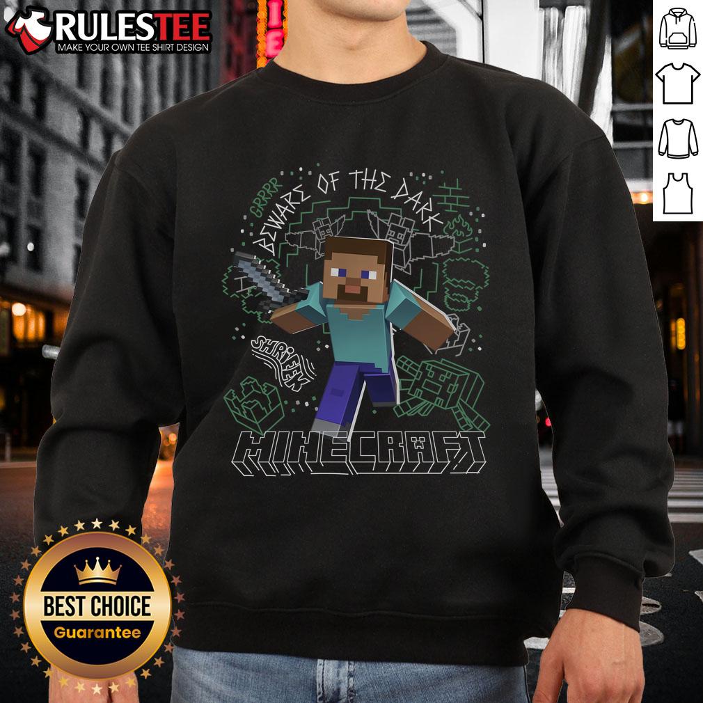 Awesome Minecraft Steve Beware of the Dark retro sweatshirt featuring vibrant graphics and cozy design for fans.