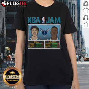 Awesome NBA Jam Hornets ball and Miller ladies tee featuring vibrant colors and stylish design for fans.