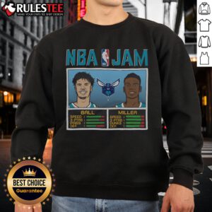 Alt Text: Awesome NBA Jam Hornets ball and Miller sweatshirt featuring vibrant team colors and retro design for fans.