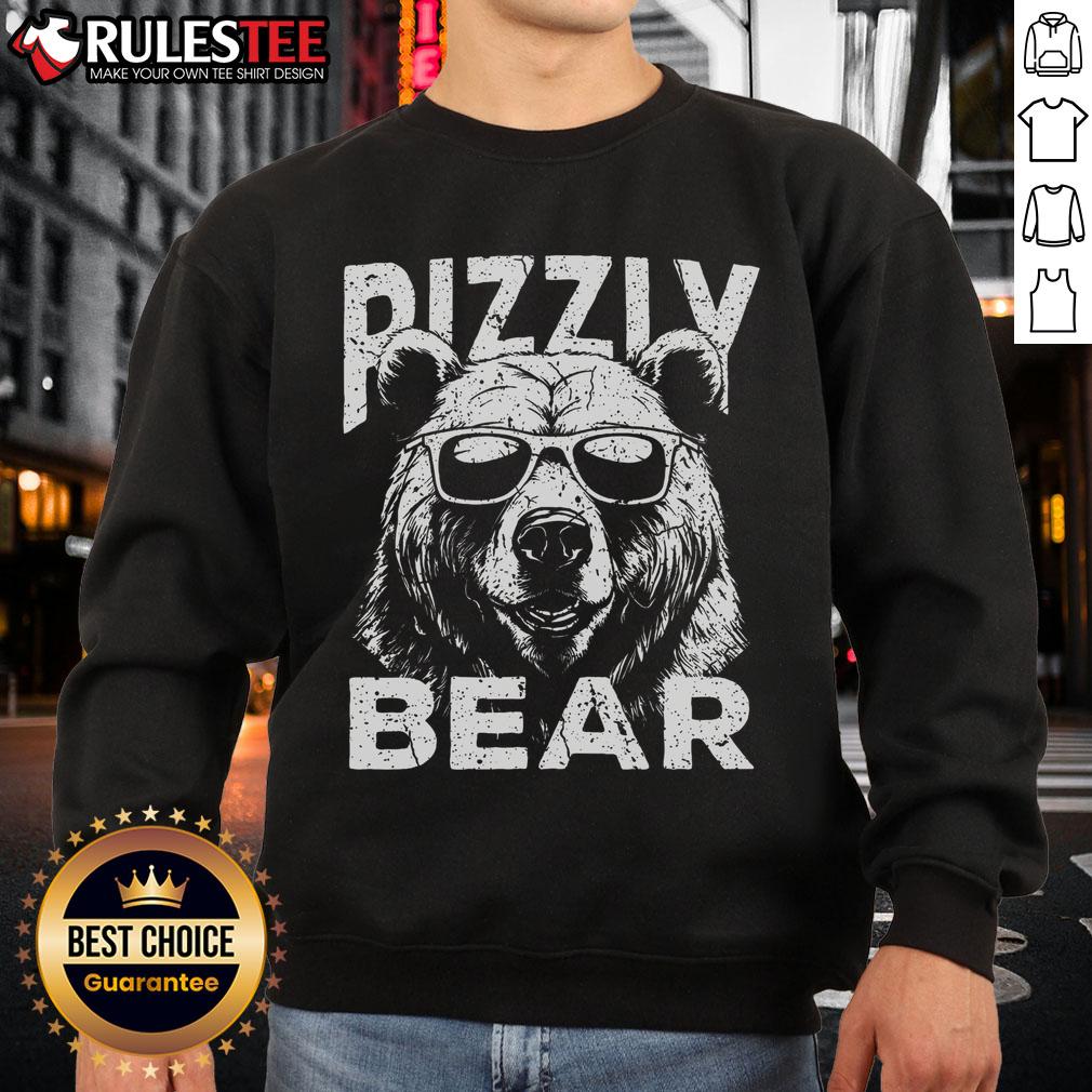 Awesome Rizzly Bear in sunglasses wearing a stylish Rizz sweatshirt, showcasing a fun and trendy animal fashion vibe.