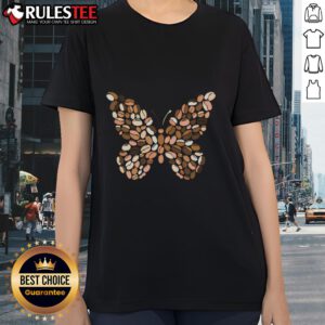 Cute butterfly wing design on a coffee-themed ladies tee, perfect for nature lovers and casual wear.