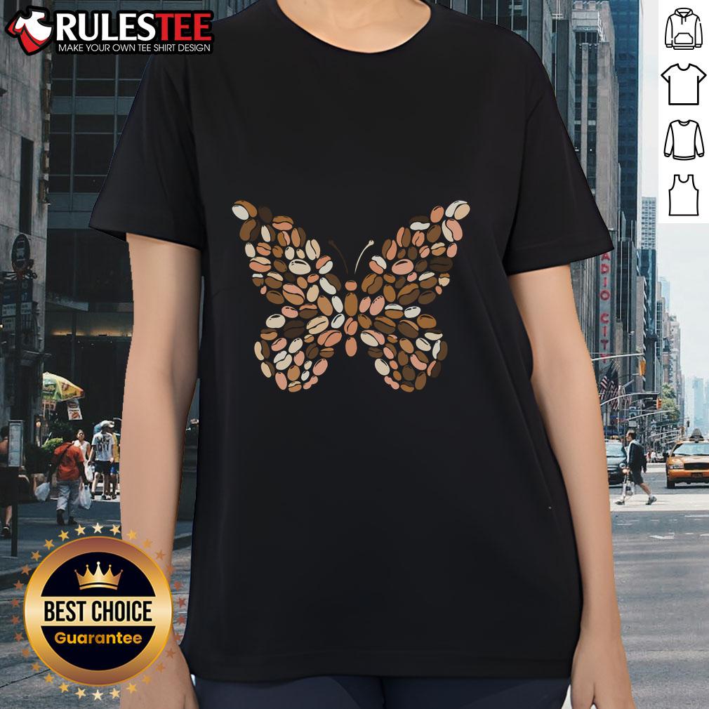 Cute butterfly wing design on a coffee-themed ladies tee, perfect for nature lovers and casual wear.