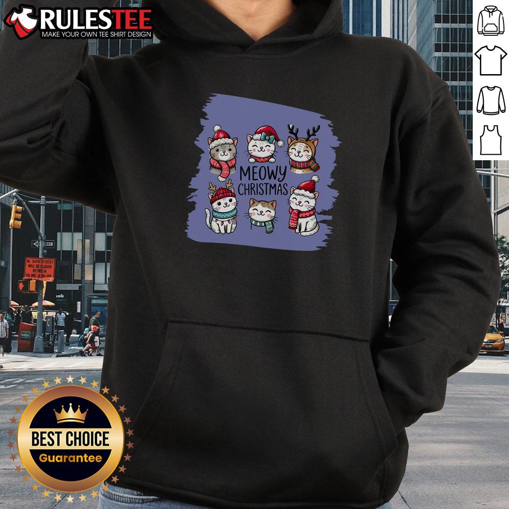 Cute Meowy Christmas hoodie featuring six adorable cats in festive designs, perfect for holiday celebrations.