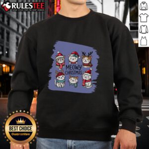 Cute Meowy Christmas sweatshirt featuring six adorable cats in festive holiday designs, perfect for cat lovers.