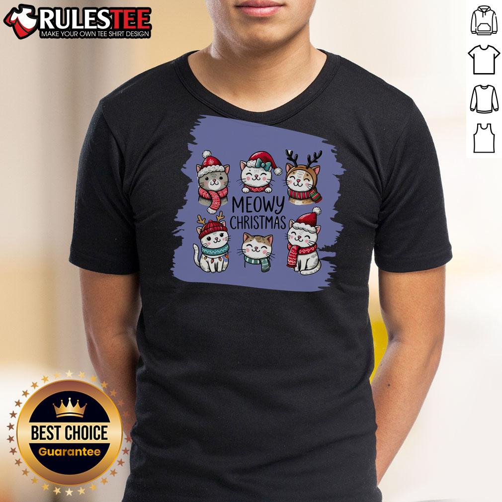 Cute Meowy Christmas 6 Cats T-Shirt featuring playful kittens in festive holiday attire and Christmas decorations.