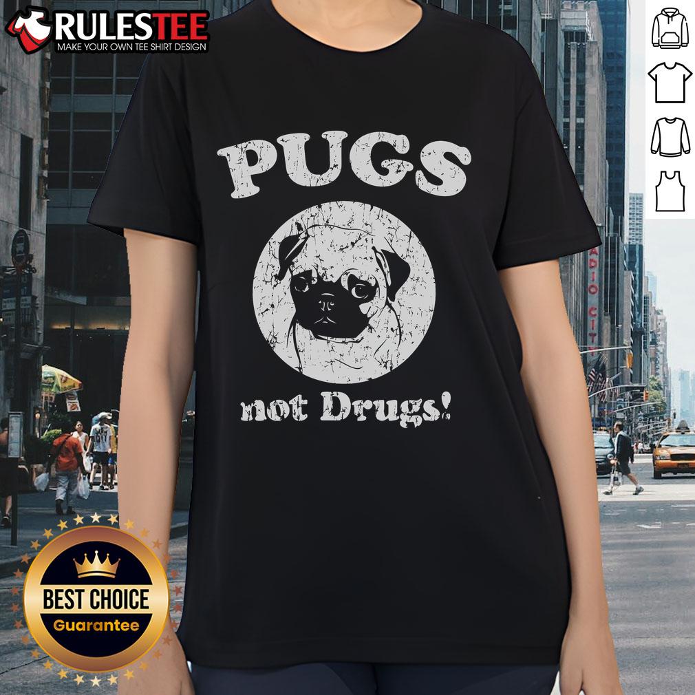 Alt Text: Cute Pugs Not Drugs Dog Ladies Tee featuring adorable pug graphics, perfect for dog lovers and casual wear.