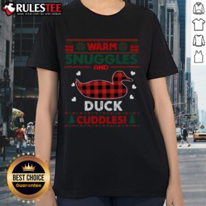 Cute warm snuggles duck lovers Xmas ugly duck Christmas ladies tee featuring a playful duck design for festive fun.