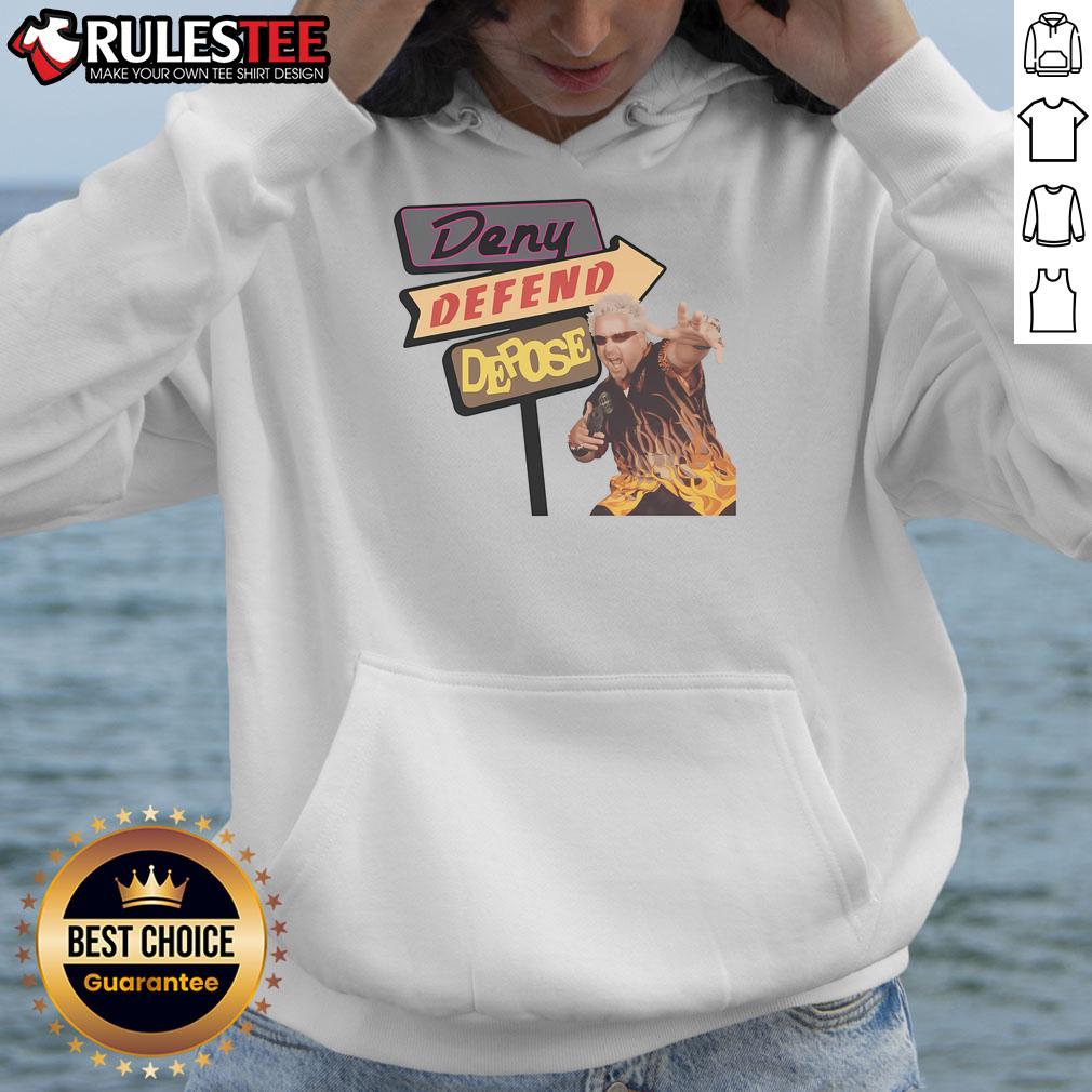Alt Text: Comfy 'Funny Deny Defend Depose Drive-Ins Hoodie' featuring a humorous graphic, perfect for casual outings and drive-in lovers.