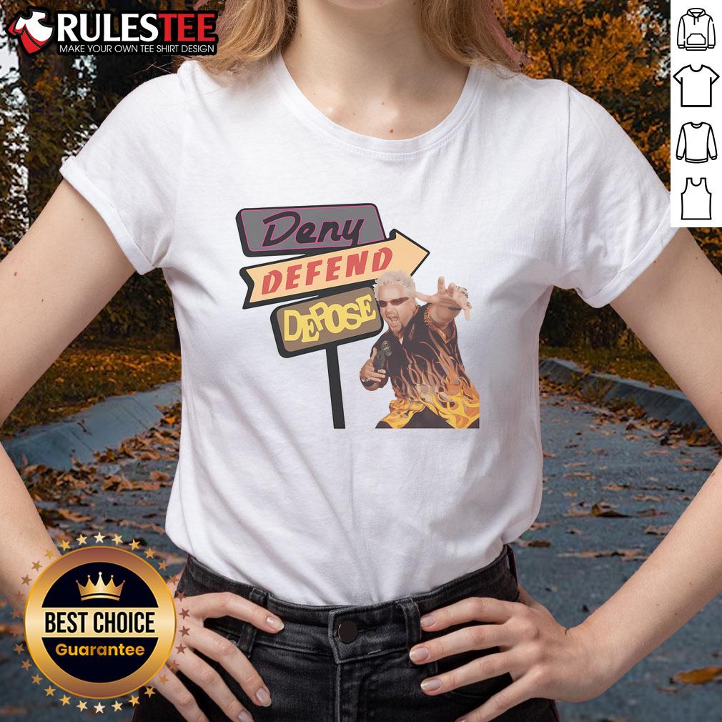 Funny Deny Defend Depose Drive-Ins Ladies Tee featuring a playful design perfect for casual outings and movie lovers.