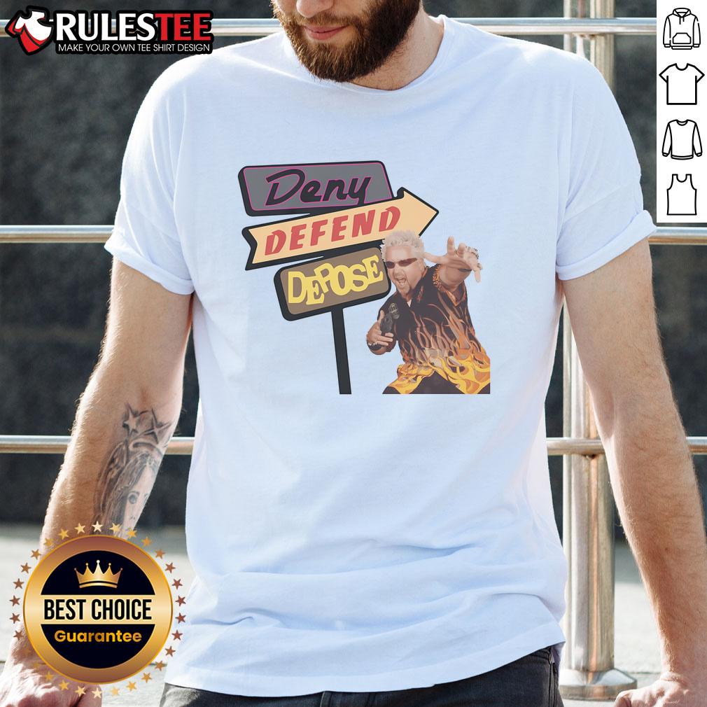 Funny Deny Defend Depose Drive-Ins T-Shirt featuring a humorous graphic design for movie lovers and T-shirt enthusiasts.