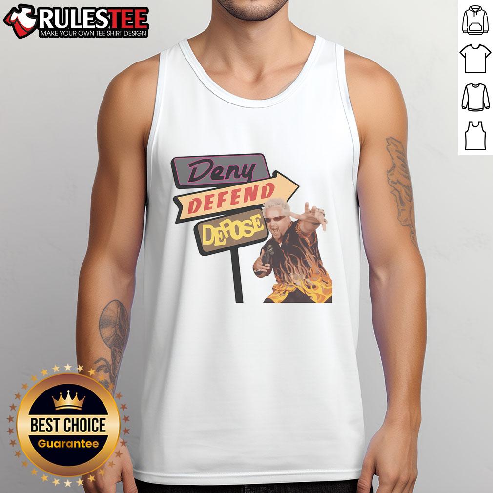 Humorous 'Deny Defend Depose Drive Ins' tank top design featuring playful graphics for fun-loving fashion enthusiasts.