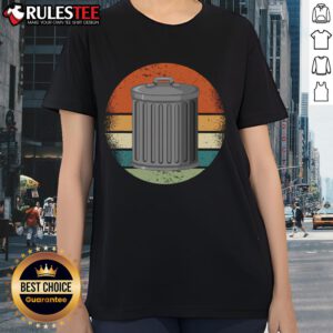 Vintage sunset graphic on a funny trash can design for garbage day, perfect for ladies' tee shirts.