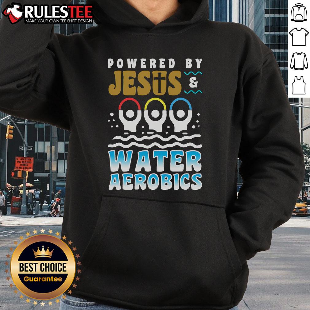 Funny water aerobics Jesus in an aquatic fitness hoodie, showcasing humor and fitness in a vibrant pool setting.