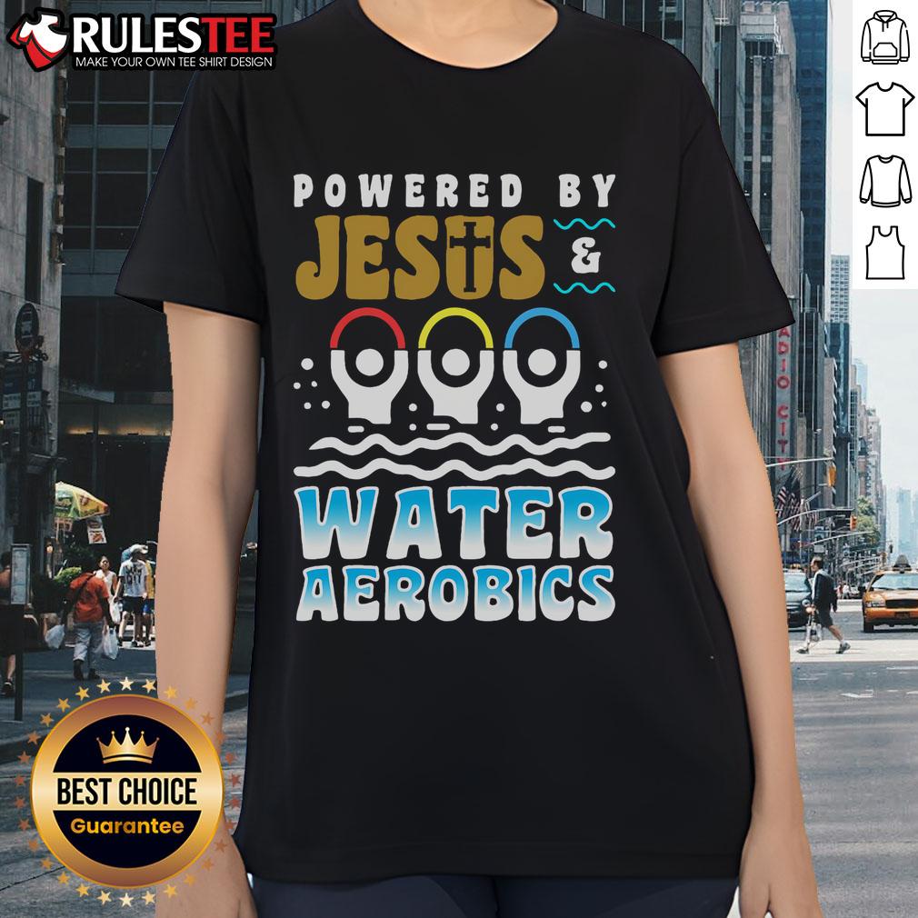 Funny water aerobics design featuring Jesus, perfect for aquatic fitness enthusiasts in a ladies' tee.