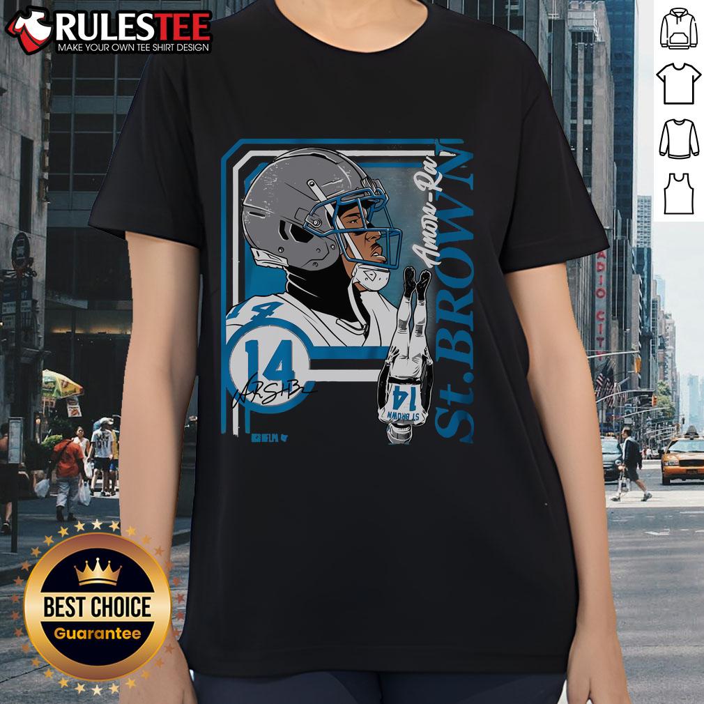 Awesome Amon Ra St Brown collage frame ladies tee showcasing vibrant designs and stylish graphics for fashion-forward fans.