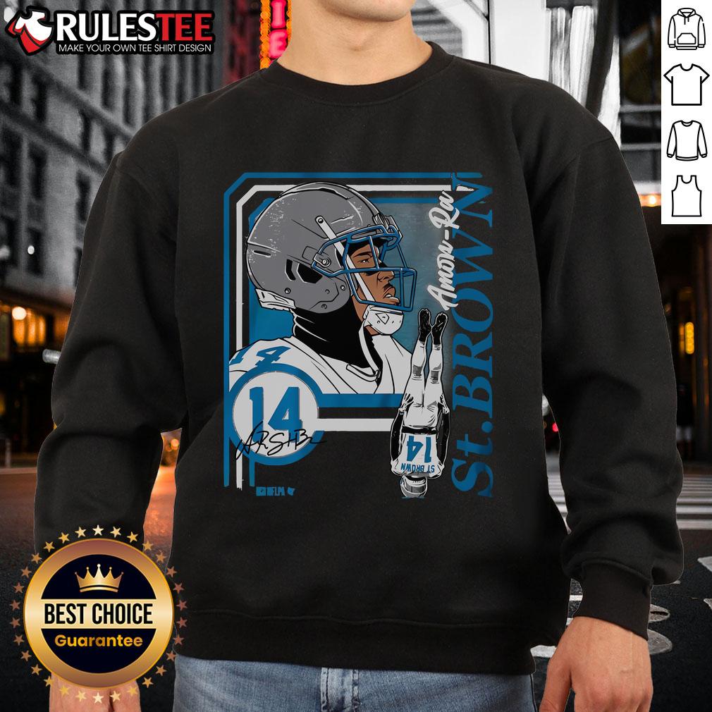 Awesome Amon Ra St. Brown collage frame sweatshirt featuring vibrant designs showcasing the athlete's dynamic style.