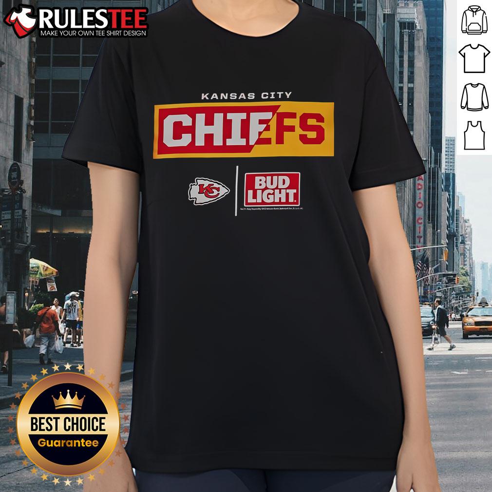 Alt Text: Awesome Bud Light Kansas City Chiefs team ladies tee featuring bold graphics and a comfortable fit for fans.