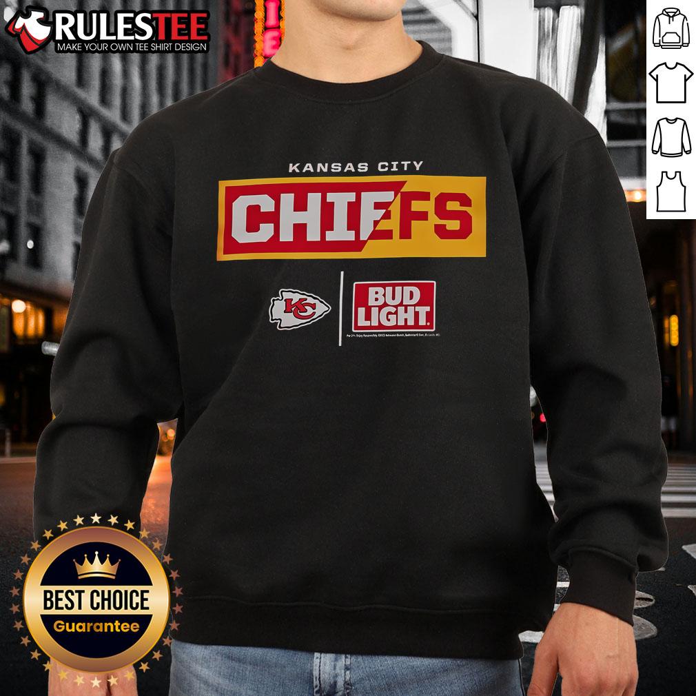 Awesome Bud Light Kansas City Chiefs team sweatshirt featuring vibrant colors and team logo, perfect for game day.