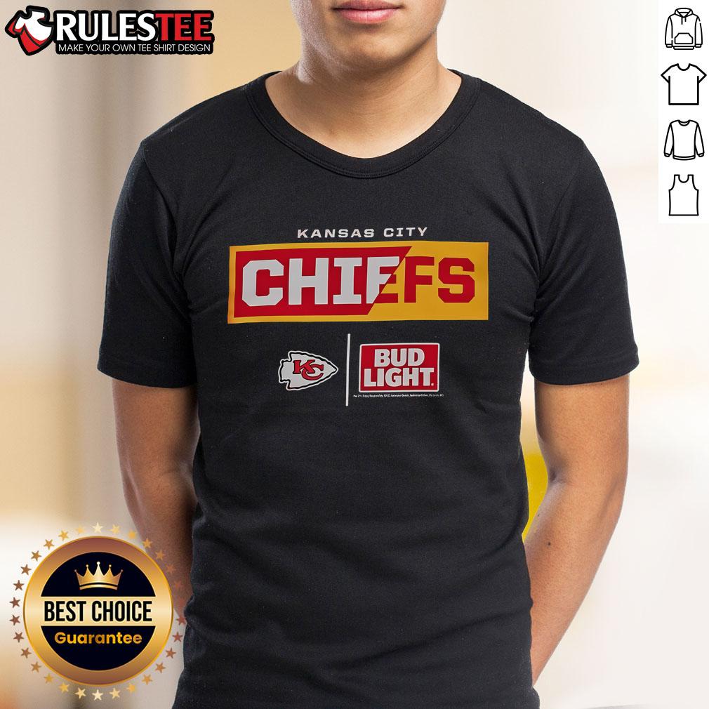 Alt Text: Awesome Bud Light Kansas City Chiefs team t-shirt featuring vibrant graphics and team colors, perfect for game day.