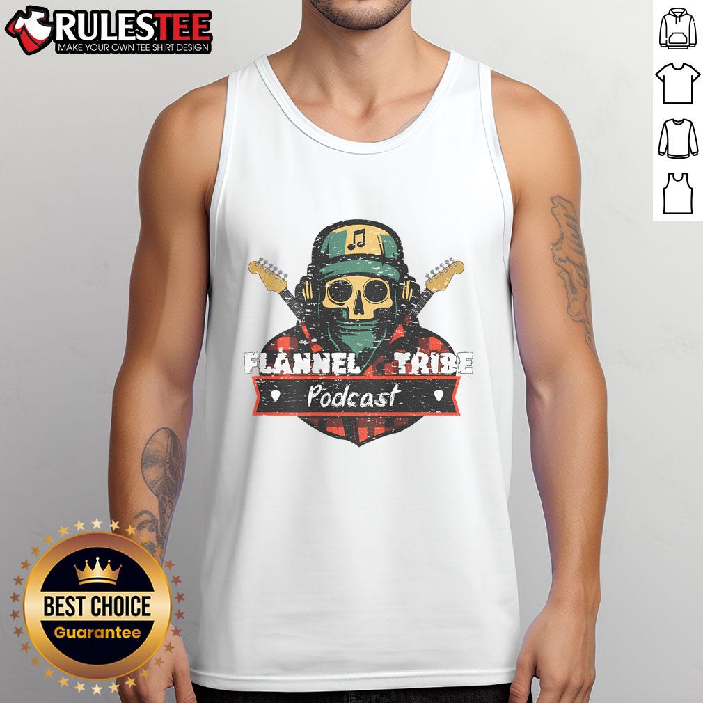 Awesome Flannel Tribe Podcast Skeleton Tank Top featuring a bold skeleton graphic, perfect for podcast fans.