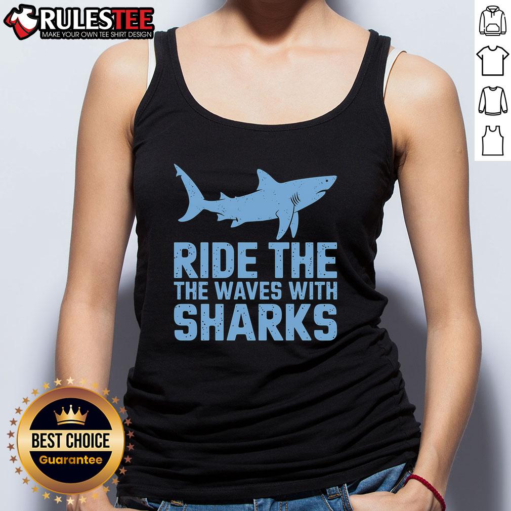 Alt Text: Awesome Ride the Waves with the Sharks tank top featuring a vibrant shark graphic and ocean wave design.