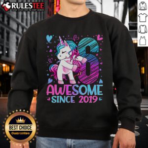 Alt Text: Cute 6-year-old wearing a 'Awesome Since 2019' unicorn sweatshirt, showcasing a playful and vibrant style.