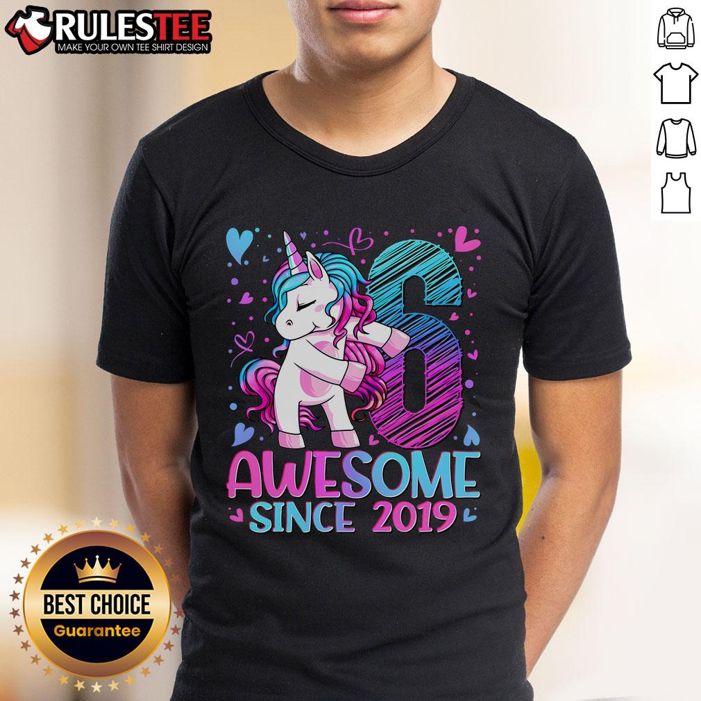 Adorable 6-year-old wearing a 'Cute Unicorn Awesome Since 2019' T-shirt, perfect for kids who love unicorns.